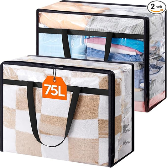 Lifewit 2 Pack Clear Clothes Storage Bags, 75L Plastic Blanket Storage Bag, Vinyl Foldable Moving Bags with Zipper, Closet Organizers and Storage Containers for Bedding, Duvet, Comforter by Lifewit