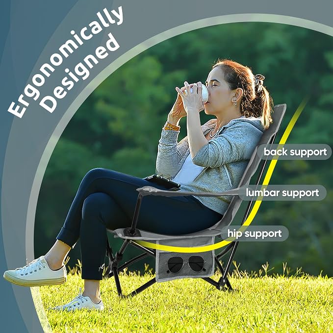 HaSteeL Folding Beach Chair Set of 2, Foldable Grey Camping Chairs for Outside, Low Beach Chair Portable for Adults Fishing, Picnic, Outdoor BBQ, Travel, Sports, Cup Holder & Storage Bag - Image 4