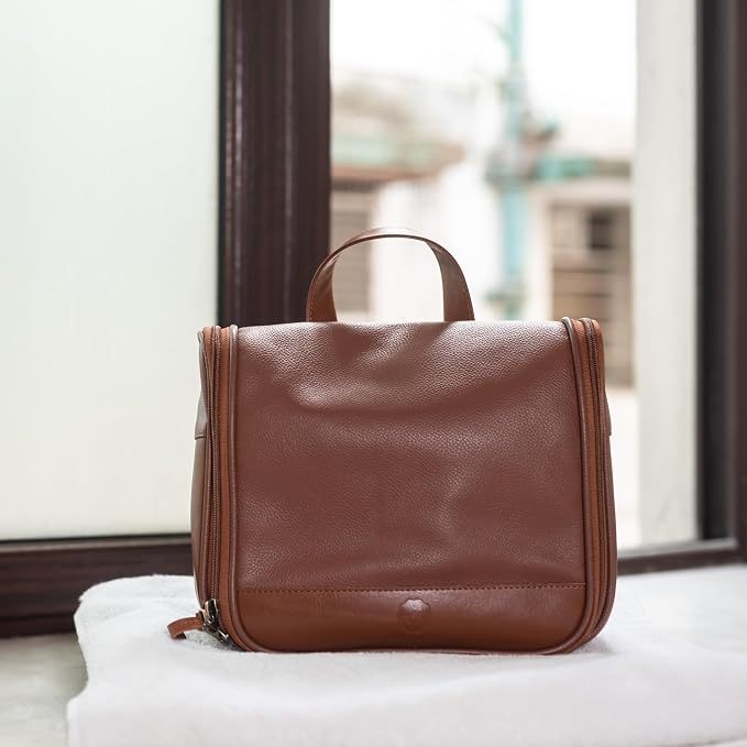 Sutton Handmade Genuine Cowhide Leather Hanging Toiletry Bag Travel Dopp Kit for Men and Women Caramel Brown - Image 5