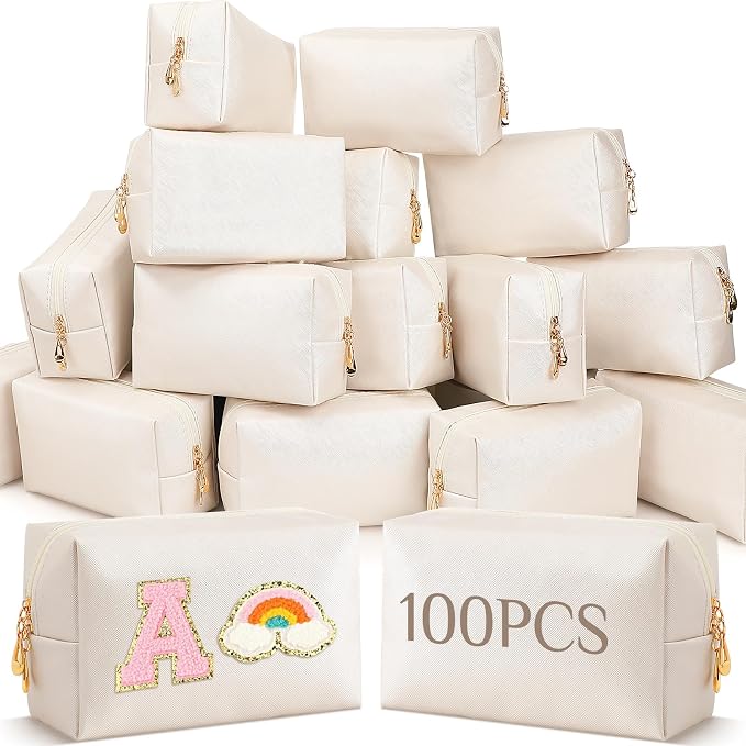 100 Pack Aesthetic Makeup Bags Bulk PU Leather Cosmetic Pouches Waterproof Toiletry Bags Makeup Pouches Bulk for Teen Girls Women Party Gift Travel Storage Back to Teacher Gift (Ivory White) by Cunno