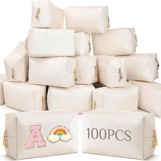 100 Pack Aesthetic Makeup Bags Bulk PU Leather Cosmetic Pouches Waterproof Toiletry Bags Makeup Pouches Bulk for Teen Girls Women Party Gift Travel Storage Back to Teacher Gift (Ivory White) by Cunno