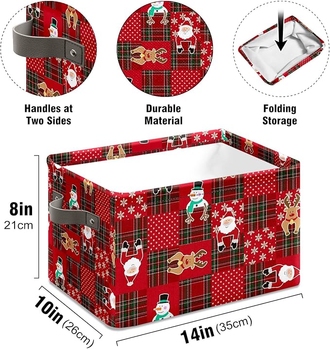 Christmas Red Grid Elk Snowman Basket,Christmas Storage Foldable Fabric Storage Baskets with Handles Canvas Storage Bin 14 x 10 x 8 - Image 6
