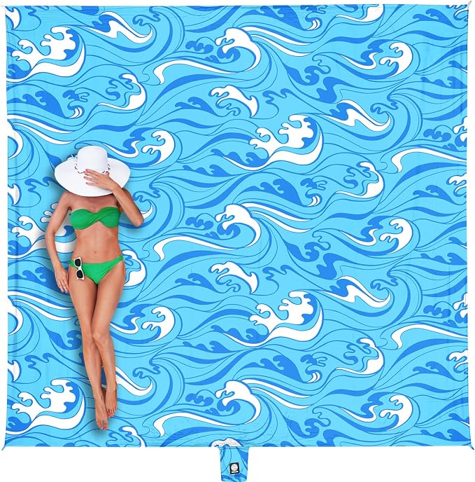 WEKAPO Beach Blanket Waterproof Sandproof Oversized Extra Large Sand Free Beach Mat with Stakes, Storage Bag - Essentials for Outdoor Beach, Picnic (Blue Ocean Waves, 11 X 9 FT (1~10 Person)) by Wekapo