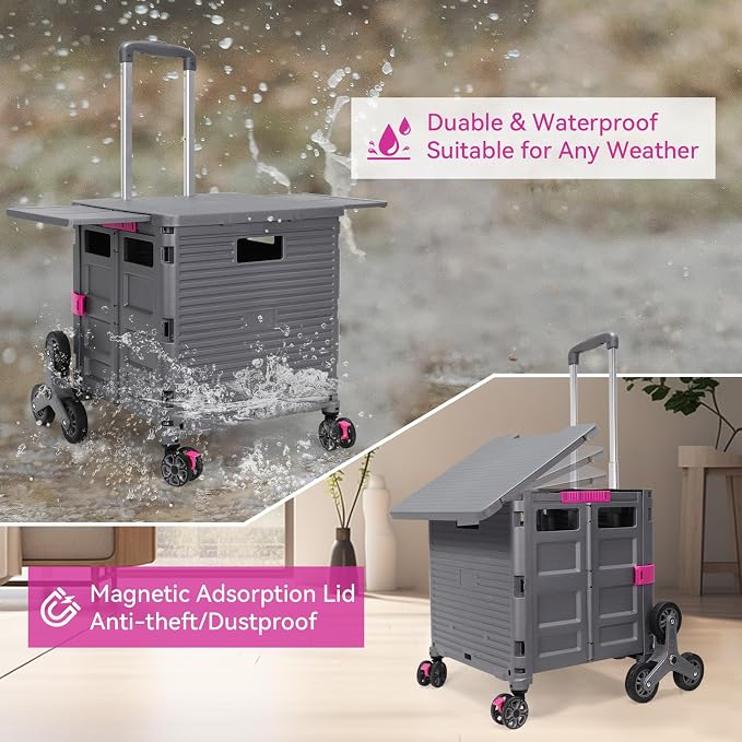 Foldable Utility Cart Portable Crate Rolling Dolly with Telescopic Handle,Can be Pulled diagonally, Magnetic Retractable Lid, 360°Swivel Climbing Wheels for Shopping Carrying Groceries Move Grey - Image 5