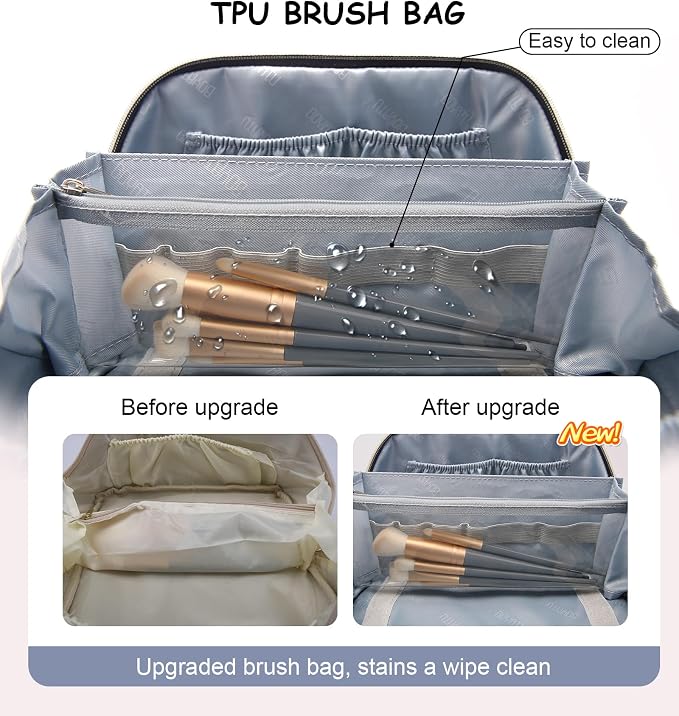BOYATU Travel Makeup Bags Cosmetic Organizer Bag: 3 Pcs Set Large Capacity Make up Bag with Compartments - Waterproof Leather Toiletry Bags with Handle for Women (B-Light Blue) - Image 3
