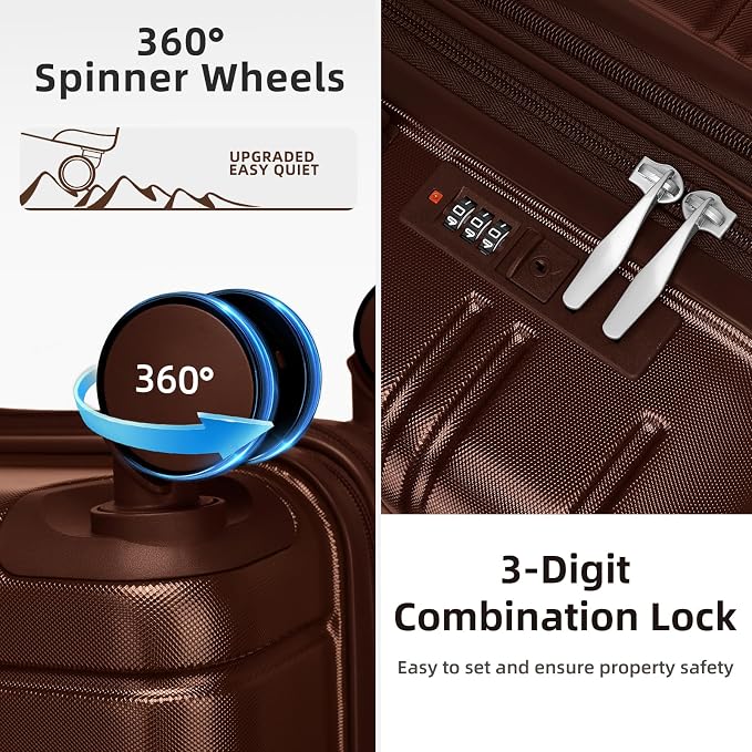 6 Piece Luggage Set Hard Shell - Mocha Expandable Suitcases with Spinner Wheels and Duffel Bags for Family Travel, Durable Carry On Luggage Sets with Lock for Women and Men - Image 3