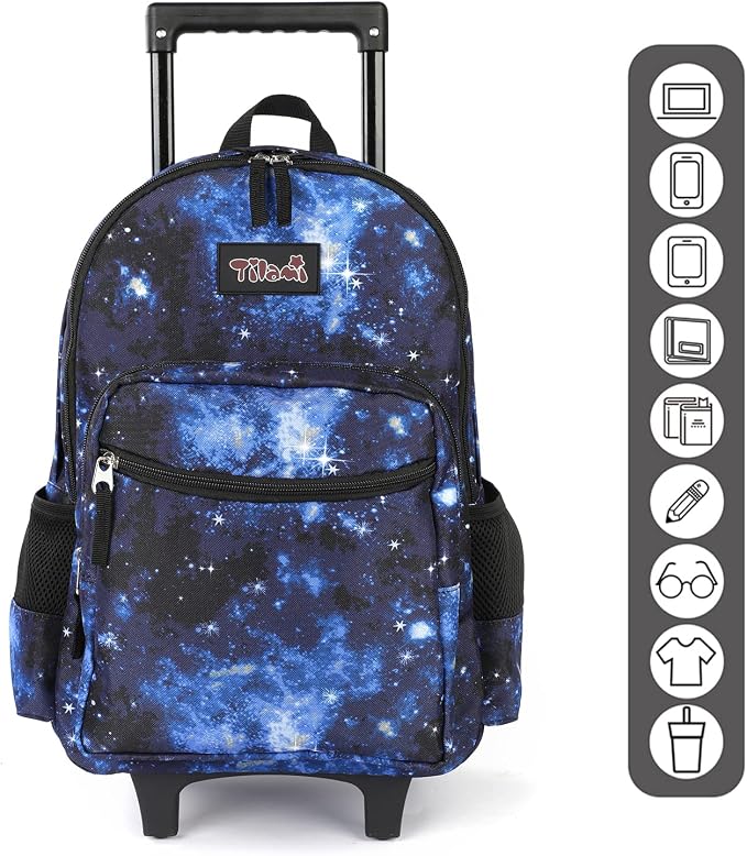 Tilami Rolling Backpack 18 inch Double Handle with Lunch Bag Wheeled Kids Backpack for Girls and Boys, Galaxy Blue - Image 3