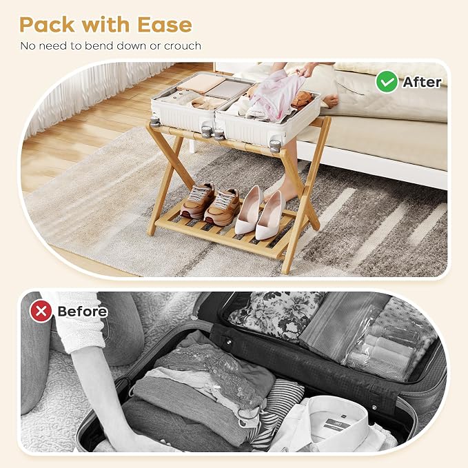 Full Assembled 26.77"L Luggage Rack for Guest Room, Set of 2 Foldable Suitcase Stand with 5 Nylon Straps, Luggage Holder with Shoe Shelf for Suitcases Hotel (Natural Wood Bamboo Luggage Stands) - Image 4