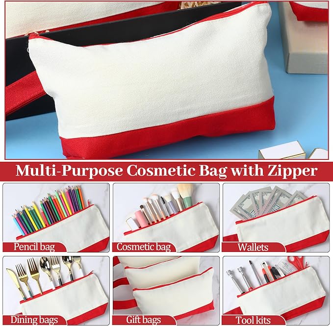 Silkfly 15 Pcs Cotton Canvas Makeup Bags Cosmetic Zipper Bags 10.2 x 5.5 x 2'' Blank DIY Pouch Bulk Pencil Case with Bottom Travel Toiletry Pouch for Women Craft Decor Gift (Beige and Red) - Image 4