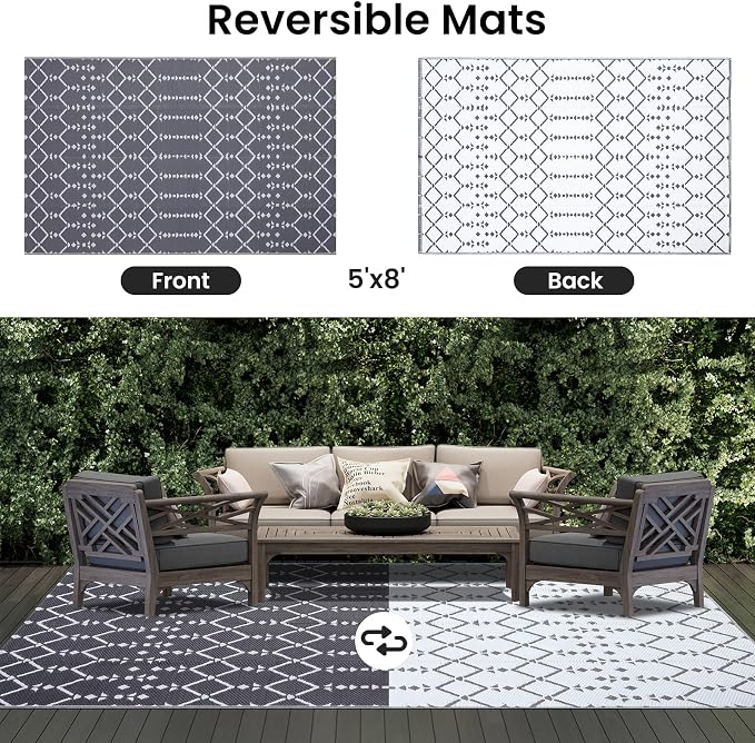 Smiry Outdoor Rug 5x8 ft, Waterproof Reversible Plastic Straw Rugs, Boho Outdoor Area Rug, Outside Floor Mat for Patio, Backyard, Deck, Picnic, Beach, Camping, Grey - Image 3