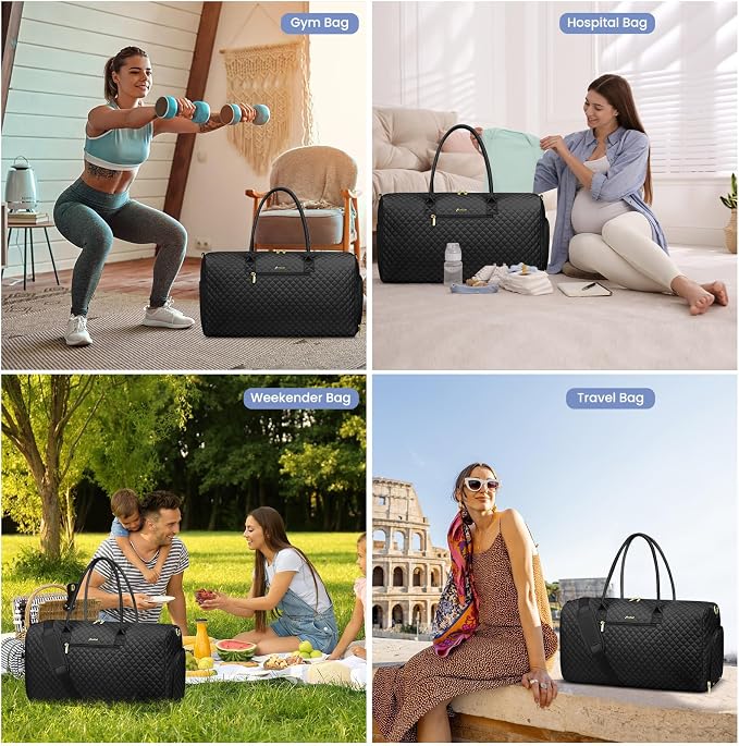 Women Weekender Travel Duffle Bag: Travel Duffel Overnight Bags with Shoe Compartment Large Carry on Tote with Toiletry Bag Weekend Traveling Yoga Gym Hospital Bag for Women with Wet Pocket Black - Image 6