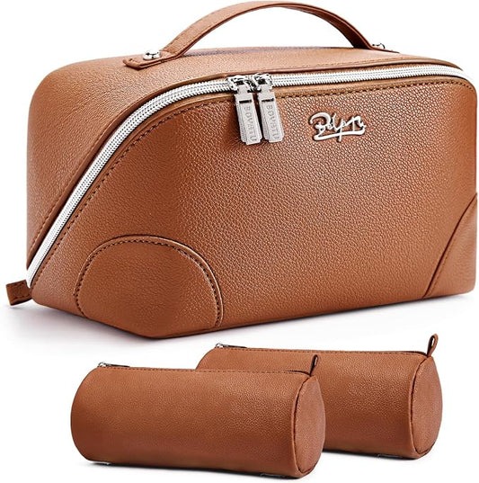 BOYATU Travel Makeup Bag Cosmetic Bags for Women: 3 Pcs Set Large Capacity Make up Bag with Handle - Waterproof Vegan Leather Toiletry Bags Travel Essentials with Compartments(C-1-Brown) by BOYATU