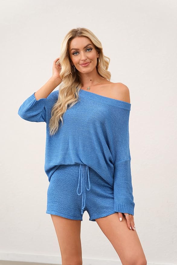 Ermonn Womens 2 Piece Outfits Sweater Sets Off Shoulder Knit Tops Waist Short Suits Casual Pajama Set - Image 7