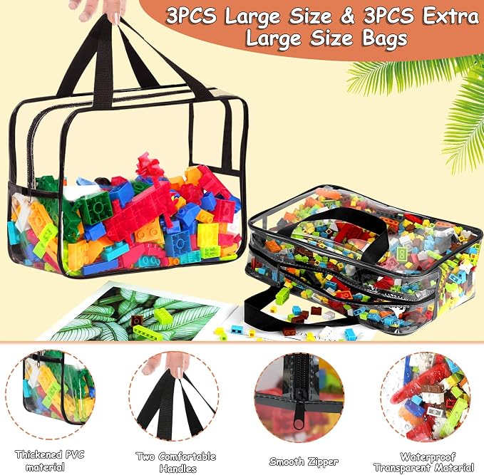 6 Packs Large Toy Storage Bags with Labels, Reusable Clear PVC Board Game Storage, Travel Waterproof Organizer Bags with Zipper for Building Blocks, Puzzle, Kids Books(3 large & 3 Extra Large) - Image 3
