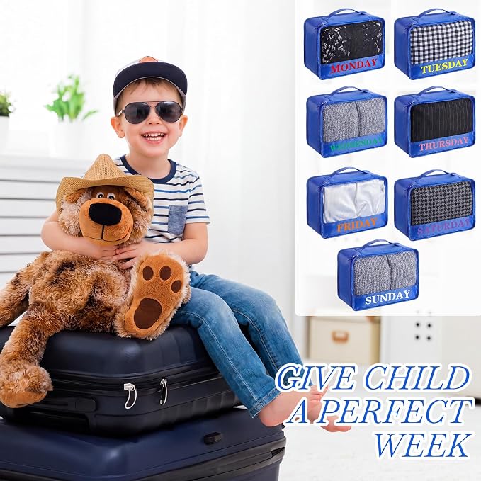 Days of Week Packing Cubes Summer Camp Essentials Weekly Organizer Storage Bag School Clothes for Travel Kids Family(9x7x3inch,Blue,15) - Image 2