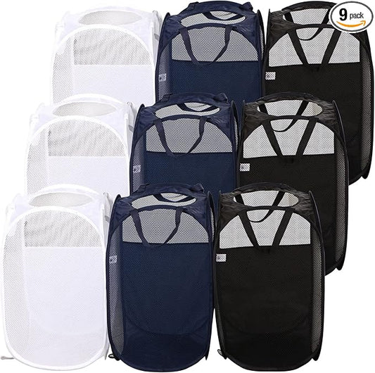 AQQA 9 Pcs Mesh Popup Laundry Hamper Set, Black/White/Blue, Durable Handles, Foldable, Sturdy Mesh Construction, Ideal for Kids, Teens, Adults, College Dorm, Camping, Hotel, Travel by AQQA