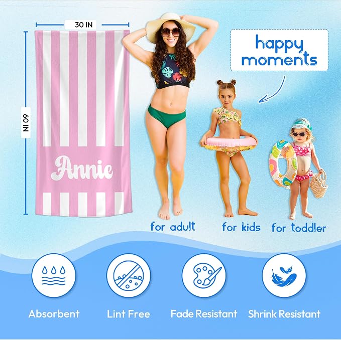 JML Personalized Beach Towel with Name, Custom Cabana Stripe Beach Towel, Customized Microfiber Pool Towel, Quick Dry & Absorbent Swim Towel for Adult,Mother's Day, Birthday, Summer Holiday,Vacation - Image 4