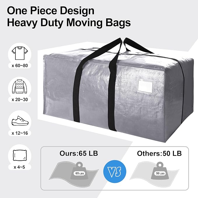 VELVETSURE Heavy Duty Extra Large Moving Bags W/Backpack Straps - Strong Handles & Zippers, Storage Totes For Space Saving, Fold Flat, Alternative to Moving Box and Storage Bin (Set of 6, Silver) - Image 5