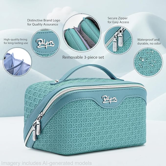 BOYATU Travel Makeup Bag Cosmetic Bags for Women: Large Capacity 3 Pcs Set Make up Bag with Compartments - Waterproof Vegan Leather Toiletry Organizer Bags with Handle (M-75Blue) - Image 3