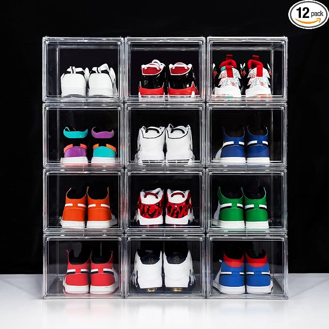 12 Pack Shoe Boxes, Clear Acrylic Stackable Plastic Sneaker Box Container, Magnetic Drop & Side Open Shoe Organizer Case Container With Lids Fits Up to Size 14 (Clear) by BSFHH