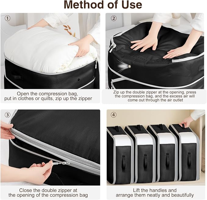 Homsorout 4 Pack Compression Storage Bags - 110L Large Capacity Comforter Storage Bag, 3-Layer Washable Ultra Space Saving Self Compression Organizer Space Bags for Blanket, Sweater, Sheet, Black - Image 4