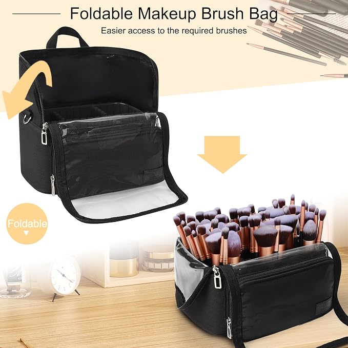 TANTO Makeup Brush Bag, Makeup Brush Holder Travel Extra Large Make up Brush Organizer Case Stand-up Makeup Cup Foldable Pro Cosmetic Artist Storage Bags with Adjustable Divide (01A-Black,X Large) - Image 3