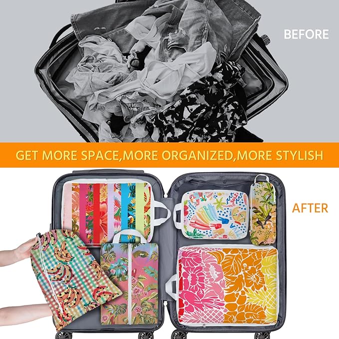 6 Pcs Compression Packing Cubes Waterproof Suitcase Travel Bag Luggage Backpack Organizer Travel Cubes for Packing-Tropical Banana - Image 6