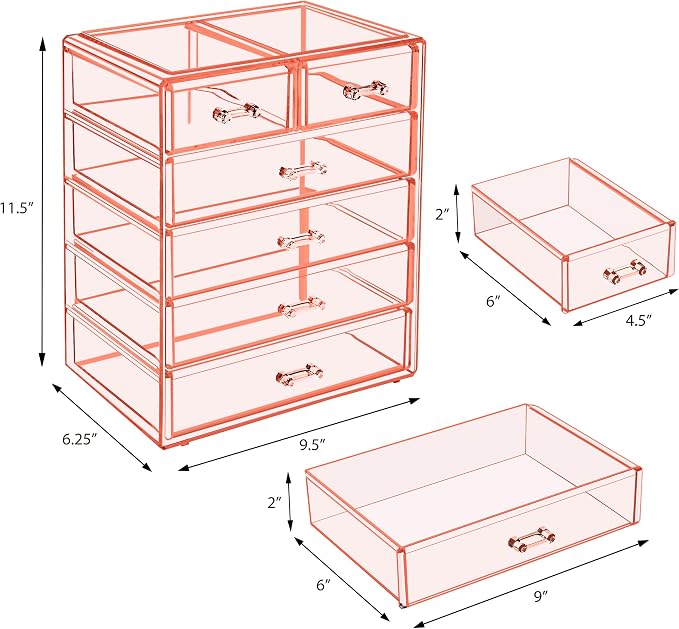 Sorbus Acrylic Makeup Organizer Set, 6-Drawer Vanity & Countertop Cosmetic Storage with Small & Wide Drawers, Pink Makeup Storage for Brushes, Lipsticks, Jewelry – Holiday Gift for Women & Teens - Image 3