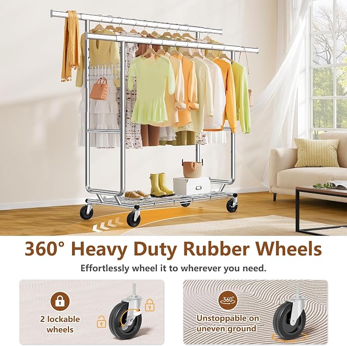 Hoctieon 2-Minute Assembly Double Rod Clothes Rack, Heavy Duty Rolling Clothing Racks with Wheels, Foldable Commercial Garment Rack, Extendable Hanging Bar, Adjustable Metal Pole with Hooks, Chrome - Image 6