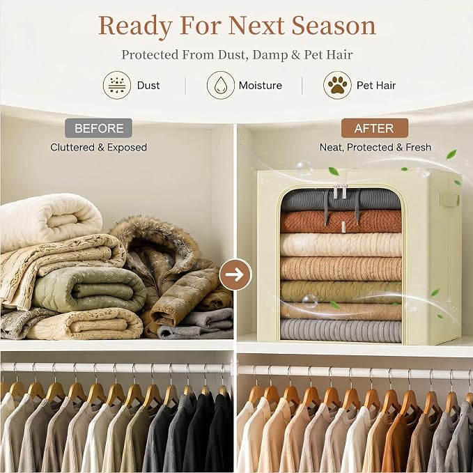 GoMaihe Clothes Storage Bins with Metal Frame, 55L Blanket Storage Boxes for Above Shelf Closet, 6 Pack Stackable Clothing Storage Organizer with Clear Window for Bedding Sweaters Comforters – Beige - Image 6