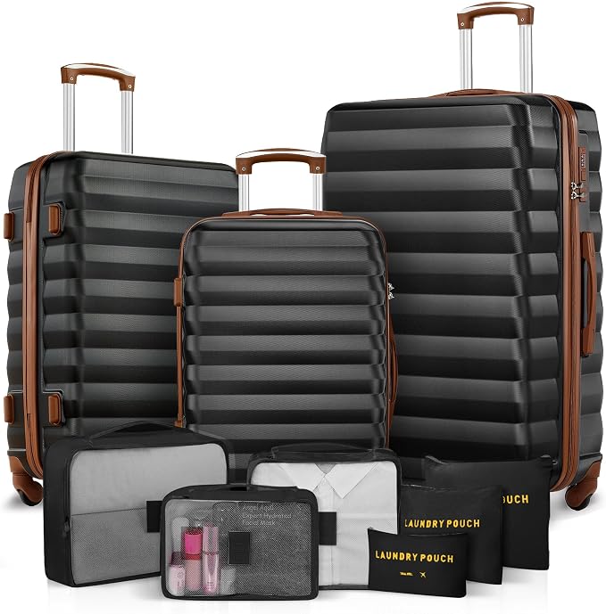 Luggage Sets 3 Piece, 20 Inch 24 Inch 28 Inch ABS Hardshell Suitcase Set with Spinner Wheels, Carry On and Checked Luggage for Women and 6 Piece Travel Organize Bags by Suitour