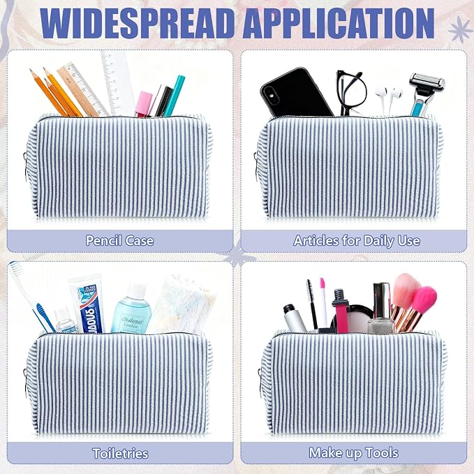 Giesiery 8 Pcs Seersucker Makeup Bags Striped Cosmetic Bags Bulk Organizer for Women Preppy Travel Toiletry Pouch for Wedding Bridesmaid Gifts (Navyblue, Medium) - Image 6