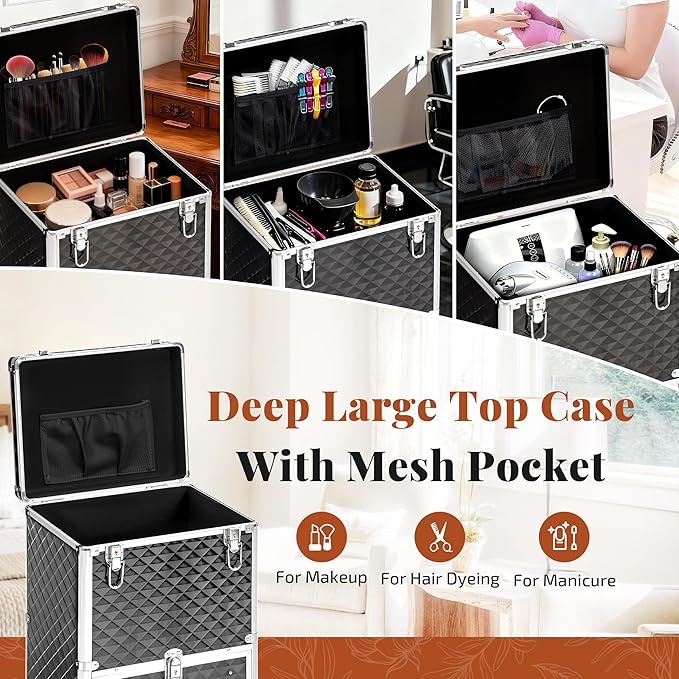 Rolling Makeup Train Case with 3 Drawers, Nail Trolley Cart Salon Station Cosmetology Case on Wheels Organizer Cases for Nail Tech,SPA,Face Painting,Hairstylist,Makeup Artist (Silver & Black) - Image 4