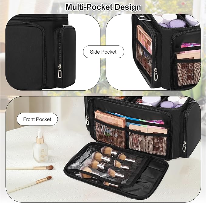 TANTO Large Makeup Organizer Bag, Professional Makeup Artist Bag Portable Travel Makeup Organizer with Detachable Dividers, 2 Pouches & Shoulder Strap, Cosmetic Storage for Beauty Enthusiasts - Image 5