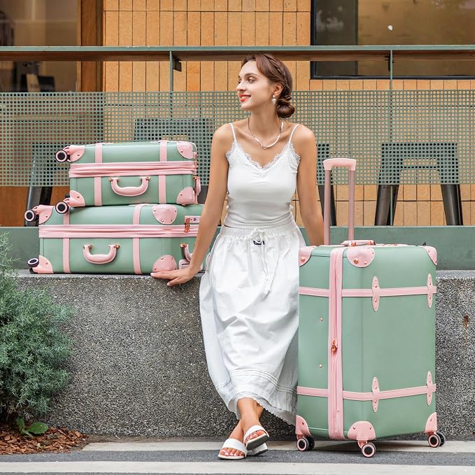 NZBZ Vintage Luggage Sets for Women Retro Suitcase Cute Vintage Expandable Luggage of 3 (Green with Pink, 20inch & 24inch & 28inch) - Image 2