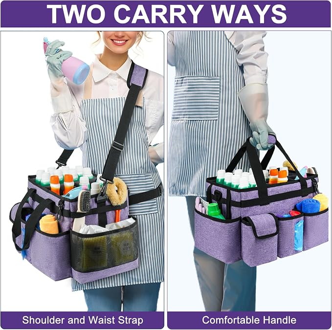 Cleaning Caddy Bag,Large Cleaning Supplies Organizer with Handle for Housekeepers,Purple - Image 5