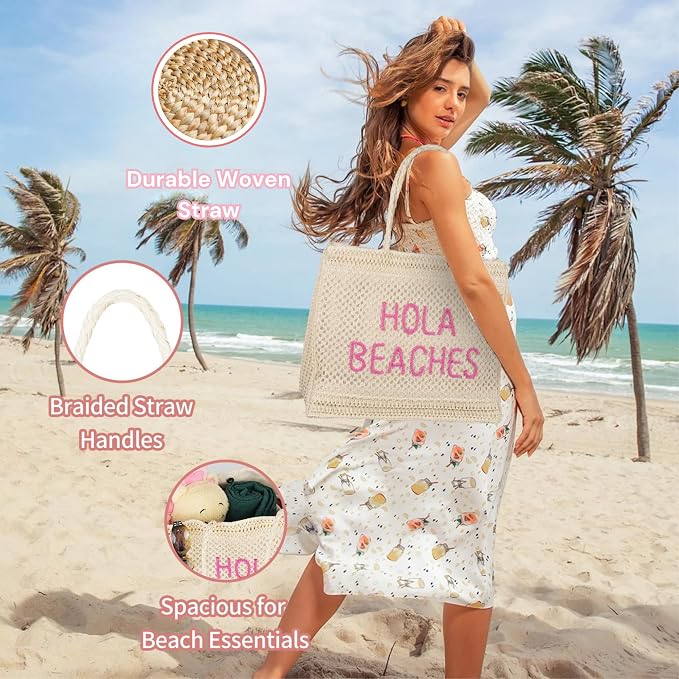 Hello Beaches A Packable Beach Bag | The Straw Beach Tote Bag of 2025 | Beach Bags for Women Vacation | Large Beach Bag - Image 5