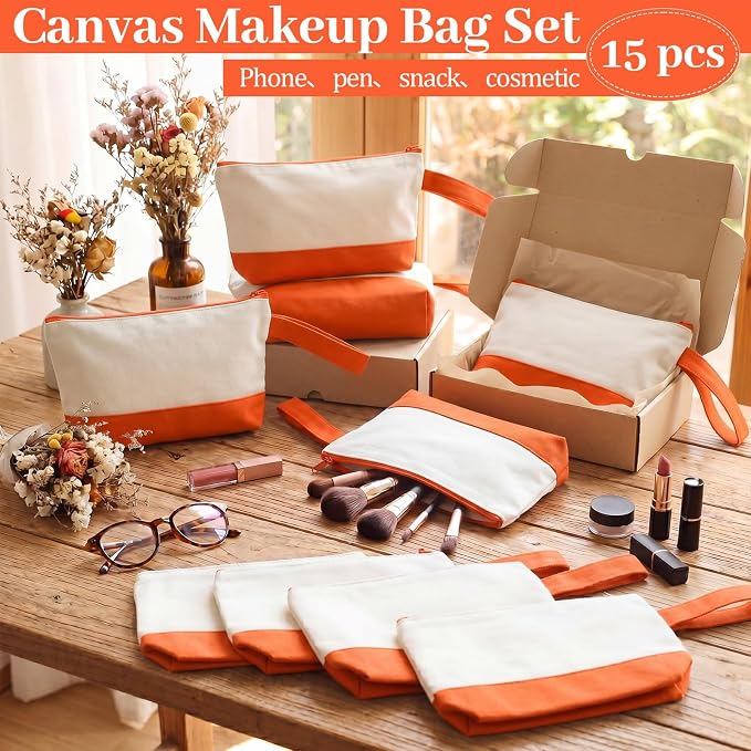 Silkfly 15 Pcs Cotton Canvas Makeup Bags Cosmetic Zipper Bags 10.2 x 5.5 x 2'' Blank DIY Pouch Bulk Pencil Case with Bottom Travel Toiletry Pouch for Women Craft Decor Gift (Beige and Orange) - Image 5