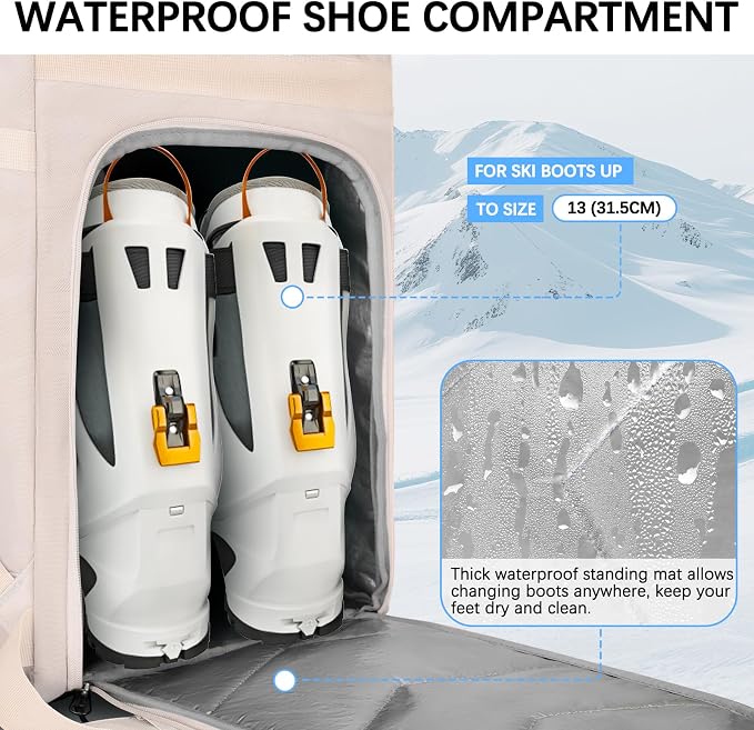 65L Waterproof Ski Boot Bag, Heavy Duty Snowboard Backpack for Helmet Goggles Gear, Air Travel Winter Sports Bag - Image 5