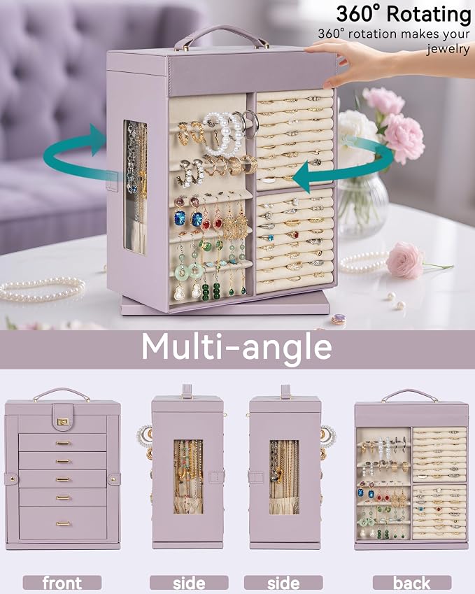 AKOZLIN 6-Tier Jewelry Box Organizer Functional 5 Drawers Leather Jewelry Storage Case for Women Girls Ring Necklace Earring Bracelet Holder Organizer with Mirror XL Purple 360° Rotating - Image 4