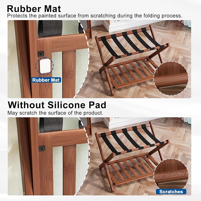 Smuxee Fully Assembled Walnut Luggage Rack, Upgraded Bamboo Foldable Suitcase Stand with 5 Nylon Straps, Luggage Holder with Shelf for Guest Room Bedroom Hotel - Image 4