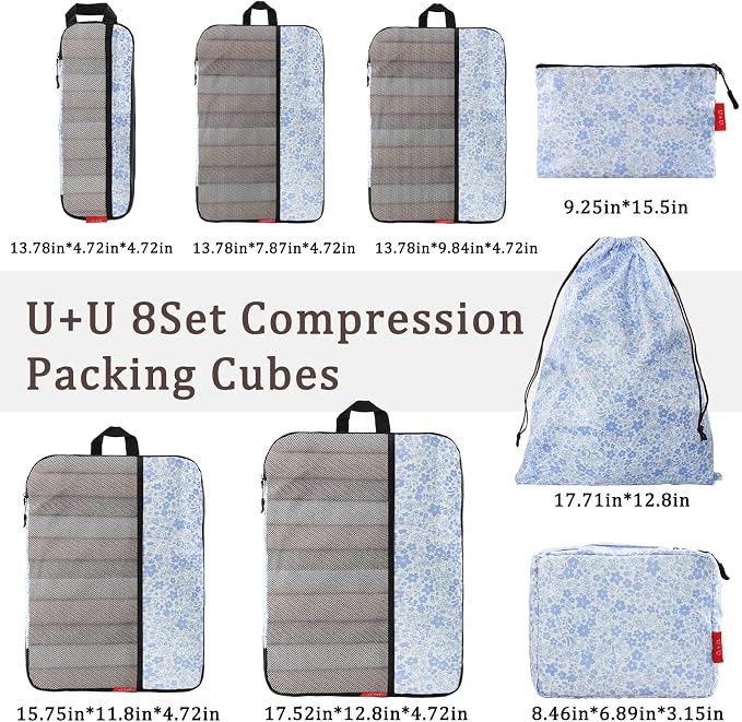 U+U 8 Set Compression Packing Cubes - Ultralight Travel Organizers with Laundry Bag and Cosmetic Bag, Space-Saving Suitcase Organizer for Travel, Business Trip and Family Vacation (Blue Flower) - Image 3