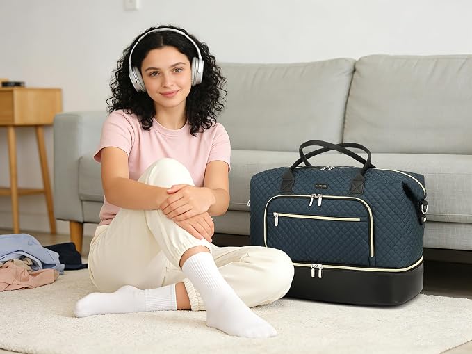 Weekender Bags for Women Travel, Under Seat Carry On Bags for Airplanes Overnight Bag with Shoe Compartment Luggage Sleeve, Foldie Travel Tote Bag Hospital Bag, Travel Gifts, PeacockBlue Black - Image 2