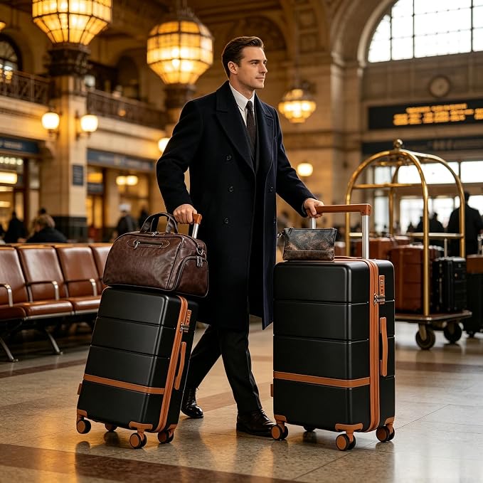 4 Piece Luggage Set, 20/24 inchi Large Checked Hard Shell Suitcase with Spinner Wheels, Vintage PU Leather Weekender Duffel Bag TSA Travel Luggage Set for Family Long Trips(Black) - Image 5