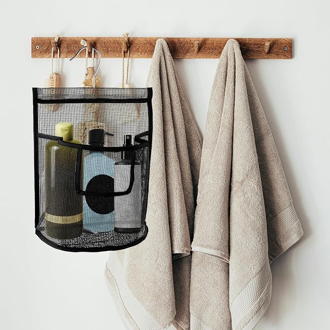 Tabanzhe Hanging Mesh Bag with Hook,Peg Bag Basket Shower Caddy Laundry Organizer Reusable Clothes Pegs Bag for Washing Lines Home College Travel Gym, Black, Toiletry Bag - Image 5