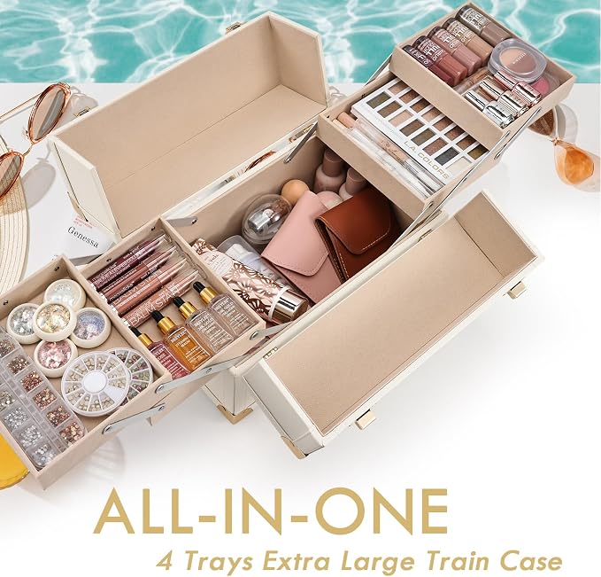 Joligrace Makeup Train Case Large Portable Cosmetic Makeup Storage Box Organizer Lockable with 4 Tray Compartments Retro Champagne Beige Vegan Leather - Image 3