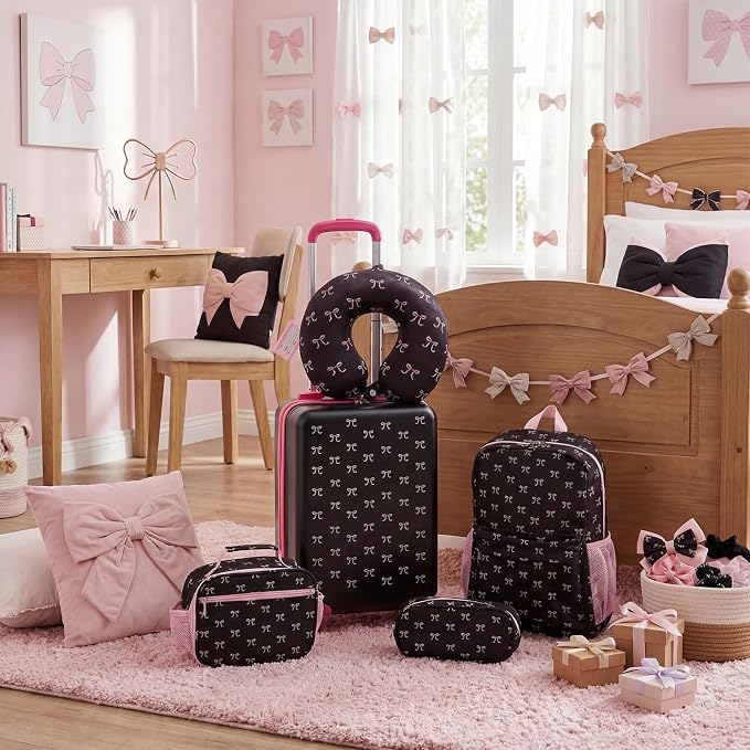 Redbaker 6 Pcs Kids Luggage Set, 17 Inch Rolling Suitcase with Backpack Lunch Bag Neck Pillow, Pink and Black Bow Travel Set for Summer Vacation Sleepover Back to School Gift - Image 7