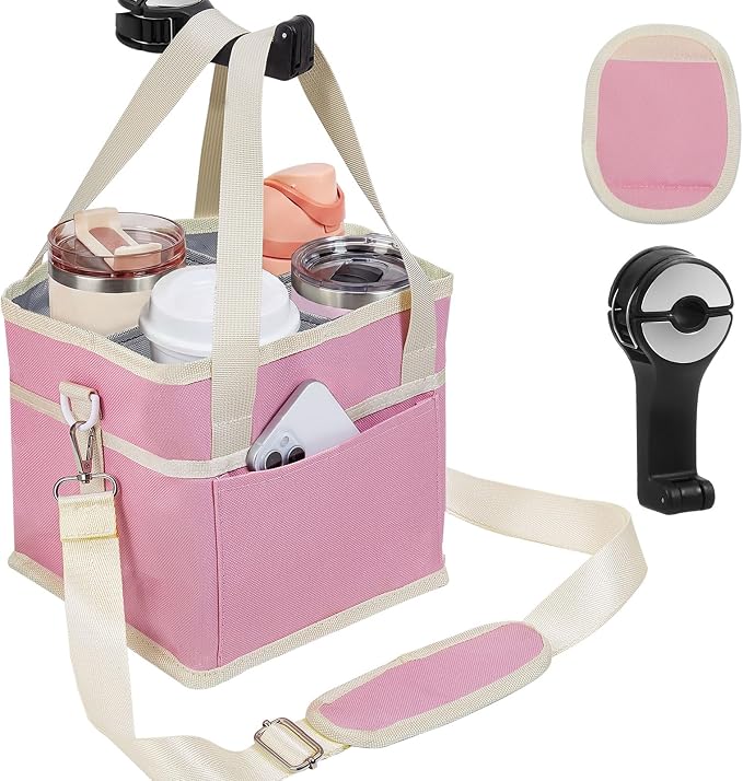 4 Water Bottle Holder with Strap - Multiple Tumbler Insulated Drink Carrier Tote Bag, Reusable Drink Family Size Caddy for Car, Delivery, Adjustable Dividers - 2 in 1 Car Seat Hook Set by ANTAND