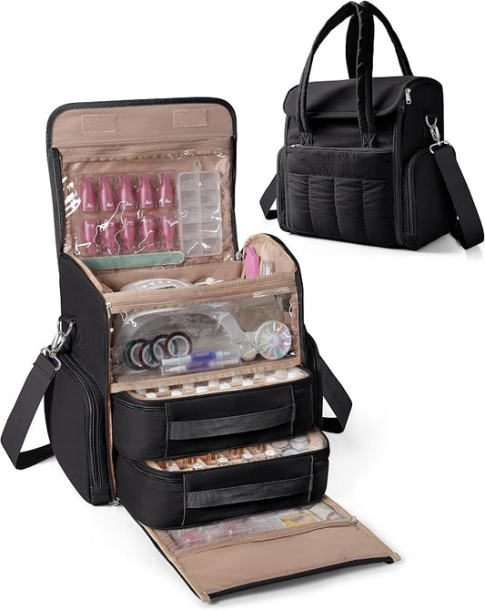 Marscamd Nail Polish Organizer Bag Holds 70 Bottles and Nail Lamp, Nail Polish Storage Case with 2 Removable Bags and Multiple Pockets, Black by Marscamd