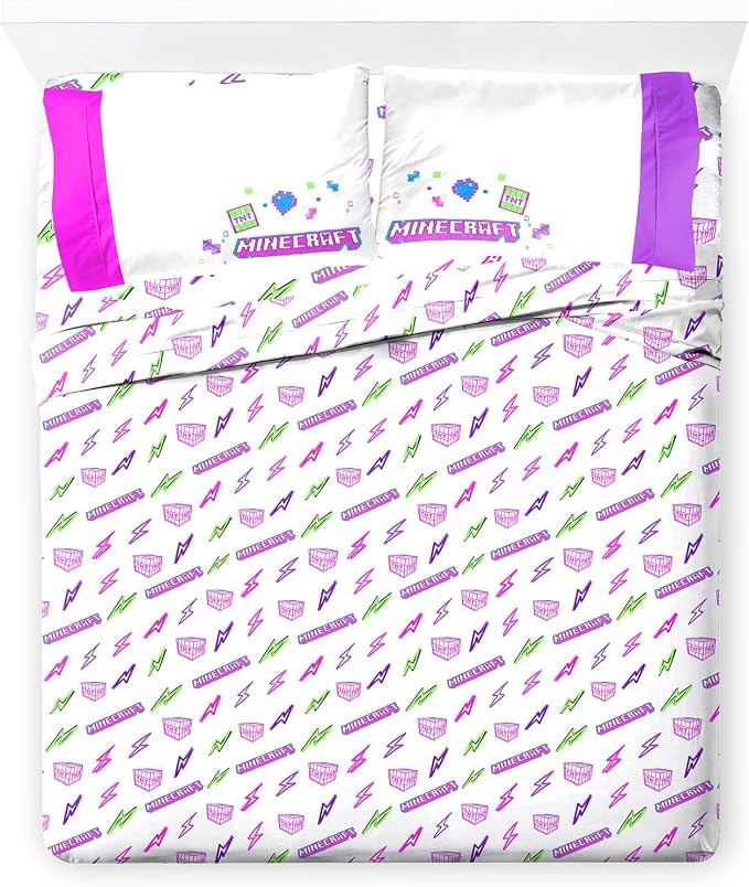 Jay Franco Kids Sheet Set with Fitted, Flat Sheets & Pillow Cover - Ultra-Soft Bedding with Pillowcase for Room Decor, Purple - Minecraft, 4 Piece Full by JayFranco